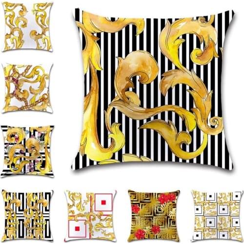 Golden pattern and black stripes white Cushion Cover Decorative Home sofa seat Decor friend office kids bedroom gift pillowcase