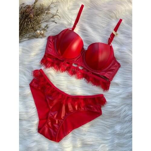 Motorcycle suit sexy pu leather eyelashes push up bra underwear set women breathable one-piece with steel ring ladies lingerie