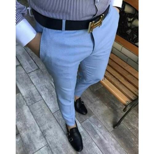2019 Blue Men Casual Slim Fit Suit Pants Street Fashion Beach Men Tailored Made Trousers Trajes De Hombre De Vestir