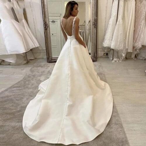 MYYBLE 2021 Sexy Deep V Neck Wedding Dress Boho vestido de noiva White Satin A Line Bridal Gowns Simple Appliques Back