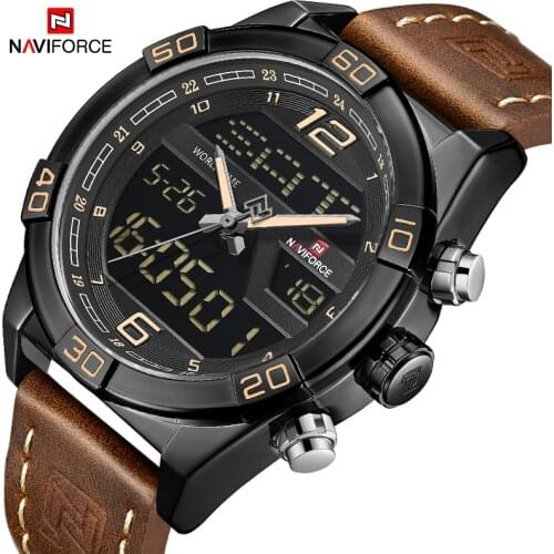 NAVIFORCE Top Brand Mens Fashion Military Sports Watches LED Digital Quartz Wrist Watch Men Genuine Leather Waterproof Clock