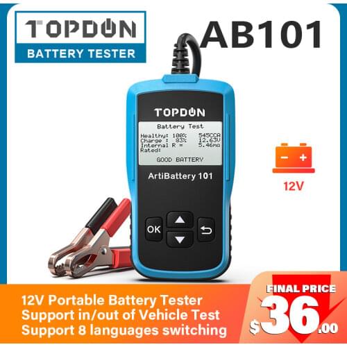 TOPDON AB101 Car Battery Tester 12V 2000CCA Batteries Test Automotive Analyzer Auto Batteri Testing Cranking Charging Hot Sale