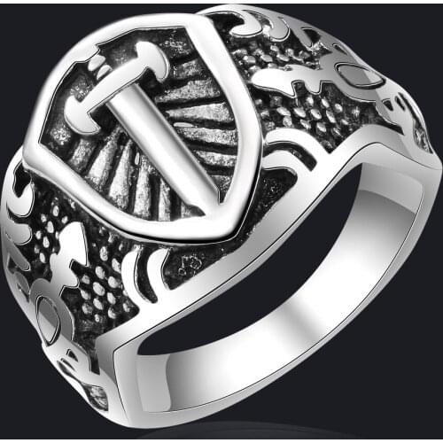 WANGAIYAO mens vintage ring ancient silver shield sword totem ring jewelry