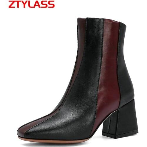2021 New Autumn Winter Women Ankle Boots Fashion Zipper Mixed Colors Short Boots Black Brown Square Toe Shoes Woman Big Size 45