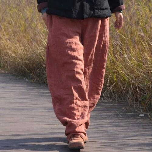Johnature Women Winter Wide Leg Pants Cotton Linen Warm Trouser Solid Color Elastic Waist 2020 New Pockets Vintage Female Pants