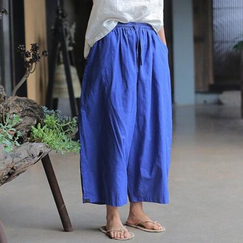 Women Wide Leg Pants Belt Cotton Linen Solid Color Vintage Trouser Pockets 2021 Summer New Casual Women Pants FT813