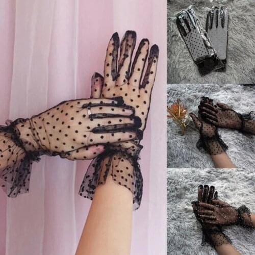 Women Sheer Lace Short Tulle Full Finger Gloves Vintage Polka Dot Ruffled Trim Mesh Wedding Prom Evening Party Mittens