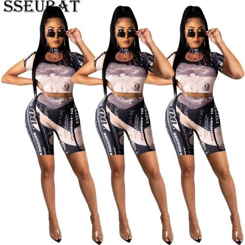 SSEURAT Dollar Money Print T-Shirt & Biker Shorts Suit New Summer Women Suit European and American Casual Fashion 2 Piece Set