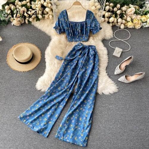 Ladies Floral Two Piece Sets Summer French Square Collar Pleat Crop Tops T-shirt + High-waist Wide-leg Pants Outfits Woman Suits