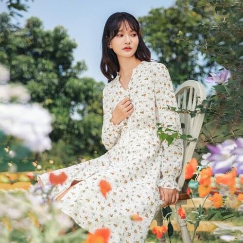 INMAN 2021 Spring New Arrival Countryside Art Seersucker Floral V-Neck Long Sleeve Tassel Waisted Drawstring Womens Dress