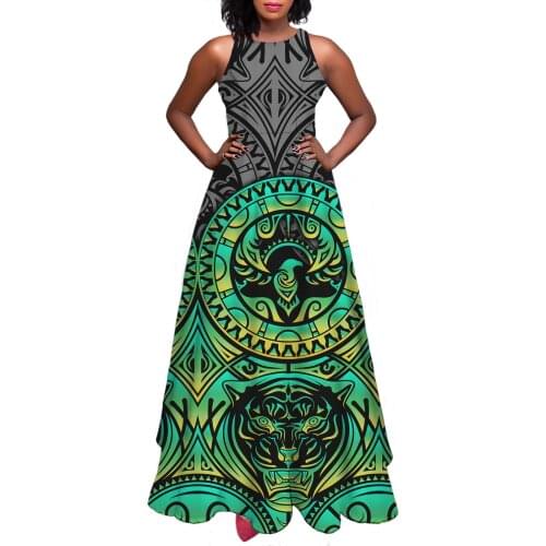 Hycool Free Ship Summer Casual Women Vintage Dress African Symmetric Print Sleeveless Green Dress A-Line Maxi Night Dress Women