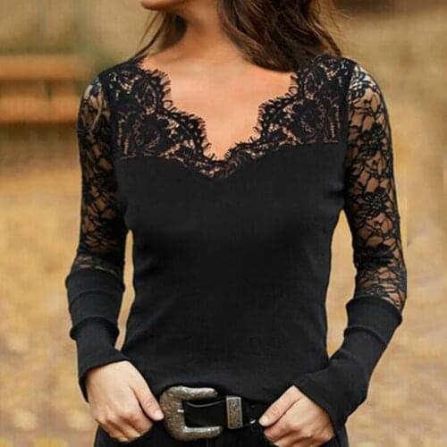 40# Elegant Lace Blouse Women Sexy V-neck Commuting Pullover Lace Mesh Top Sexy Lace Bottoming Gothic Blouse Блузка Женская