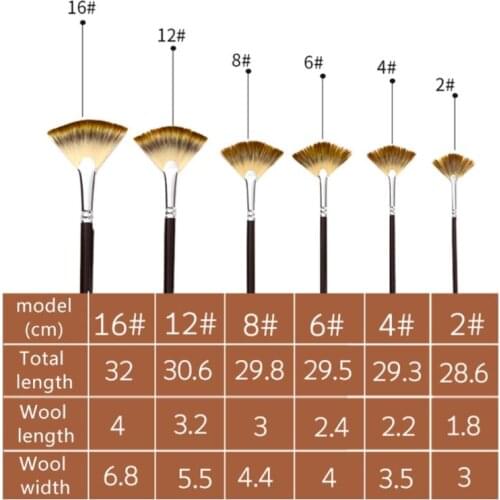 6pcs/set Nylon Hair Wooden Handle Fan Shape Watercolor Paint Brush Pen Painting 24BB