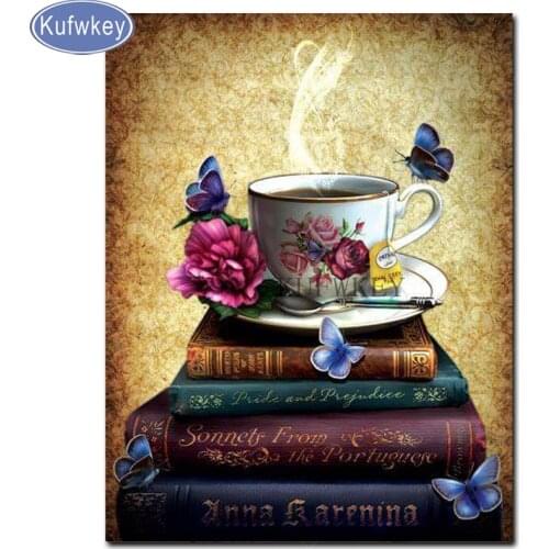 KUFWKEY diamond mosaic Puzzles Book the butterfly coffee diamond Painting full square round resin drill Cross Stitch wall decor