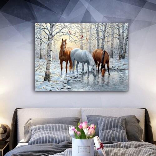 DIY colorings pictures by numbers with Horses in the snow picture drawing painting by numbers framed Home