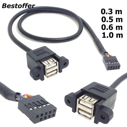 Dual USB 2.0 Ports to Motherboard 9 Pin Header Cable & Screw Panel Holes 30cm/50cm/60cm/100cm Can be Customized