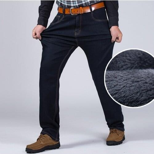 Winter Classic Big Size Fleece Jeans For Man Baggy Warm Black Business Denim Trousers Mens Stretch Office Overalls Pants 2XMR24