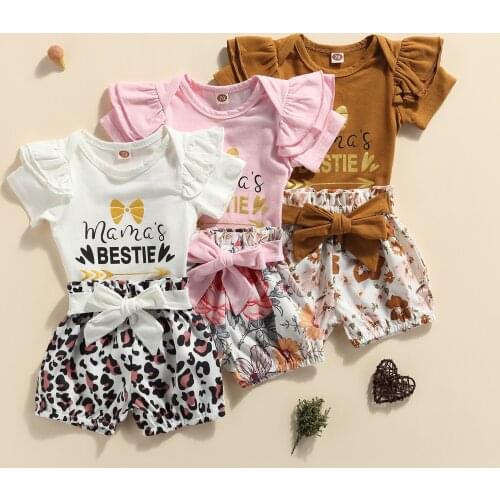 FOCUSNORM 3 Colors Newborn Baby Girls Clothes Sets 3pcs Letter Flowers Printed Short Sleeve Romper Shorts Headband