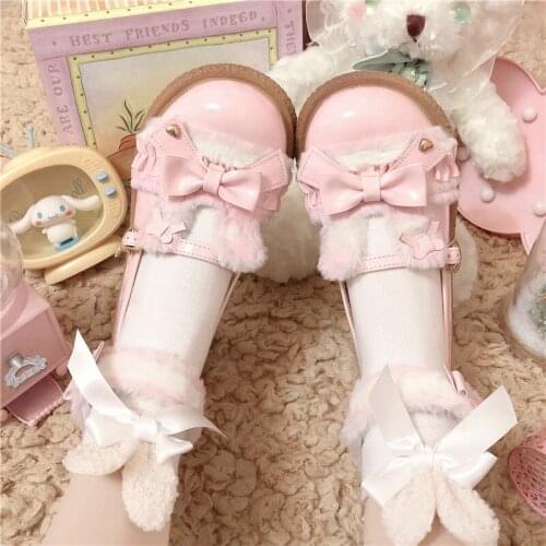 Sweet Kawaii Rabbit Plush Velvet Lolita Shoes Lovely Soft Round Toe Anime Cosplay Harajuku Bow Buckle Female Jk Uniform Flats