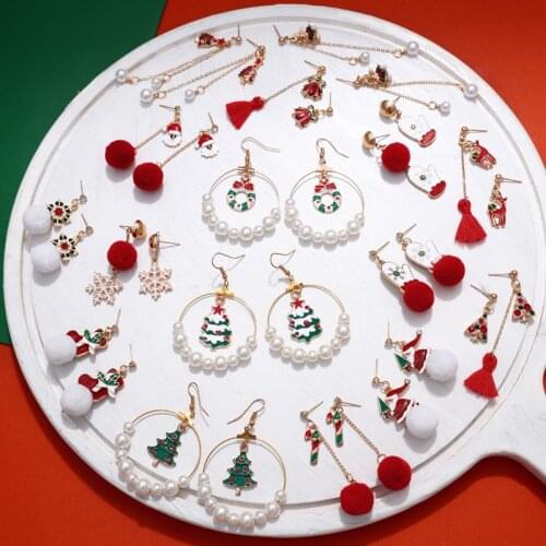 Fashion Christmas Red Plush Ball Big Hoop Imitation Pearl Dangle Earring Christmas Tree Santa Gloves Boots Ear Jewelry 2020