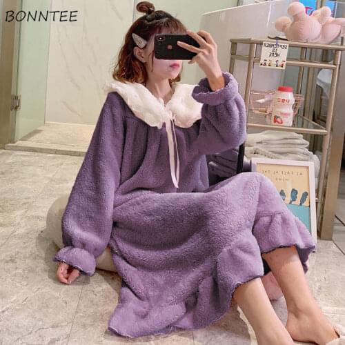 Nightgowns Women Thicker Plus Velvet Princess Style Female Sleepshirts Warm Comfortable Ulzzang Sweet Simple Patchwork Stylish