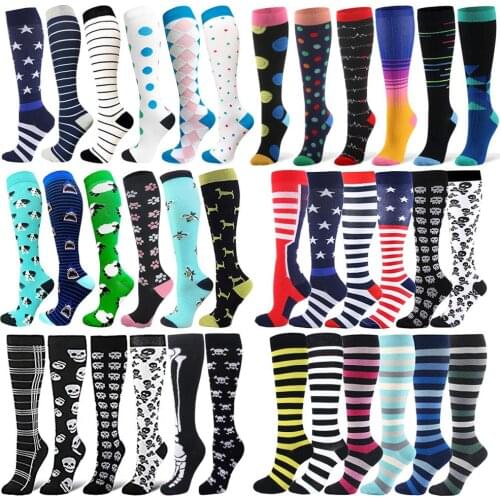 HUAYASX 6 Pairs/Lot Compression Socks Stripes Dots Colorful Animals Fruits Fire Solid Men Women Pressure Run Stockings Nylon