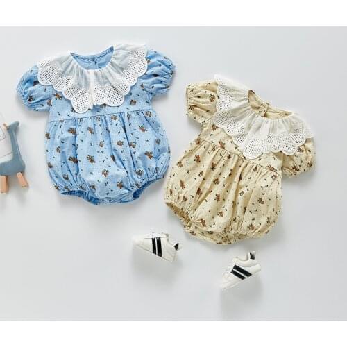 Baby Girls Clothes Romper 2021 New Fashion Cute Floral Lace Lapel Short Sleeve Romper Jumpsuit Newborn Infant Casual Clothing