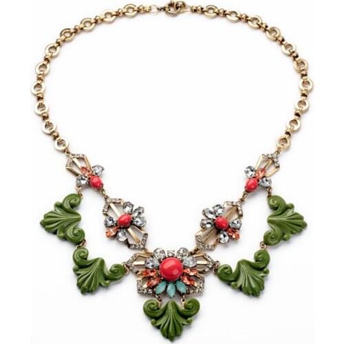 Bulk Price 2014 Autumn Luxury Women Gift Resin Glass Leaf Flower Shiny Gold Color Pendant Necklace