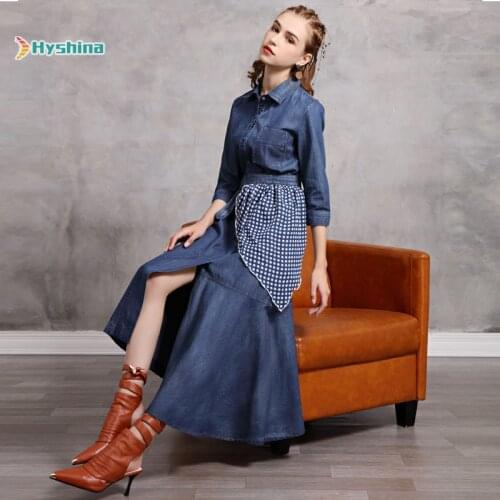 Autumn New Lapel Irregular Denim Skirt Retro Belt Dress