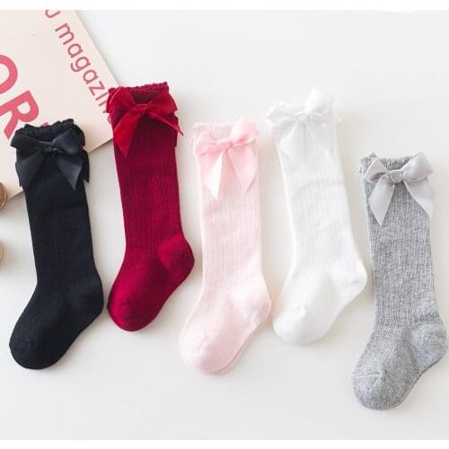 0-4 Years Baby Bow-Knot Knee High Socks Cotton Solid Striped Stockings Bubble Mouth Non Slip Fashion Socks For Girls Infant Gift