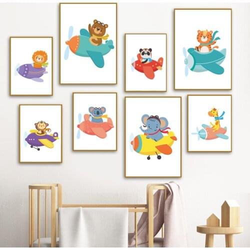 Pilots Animals Fly Planes Lion Elephant Giraffe Panda Wall Art Print Canvas Painting Nordic Poster Wall Pictures kids Room Decor