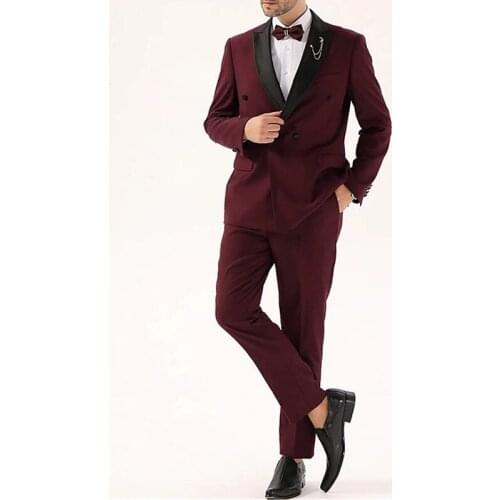 Casual Burgundy Slim Fit Mens Prom Suits 2 Pcs Costume Homme Peaked Lapel Wedding Suits For Men Tuxedos Blazers Jacket Pants