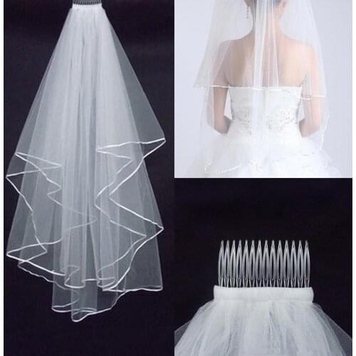 Simple and Elegent Wedding Veil Bridal Tulle Veils with Comb and Lace Ribbon Edge White 2021
