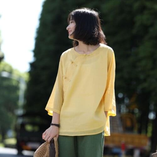 S810 Autumn Easy Literature Small Shirt Buckle Double-deck Ramie Slowly Change Blue Literature Double-deck Shirts