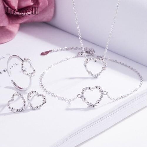 Silver 925 Sterling Silver Jewelry Sets Cubic Zirconia Heart Necklace Earrings Ring Bracelet For Women Engagement Jewelry Gift