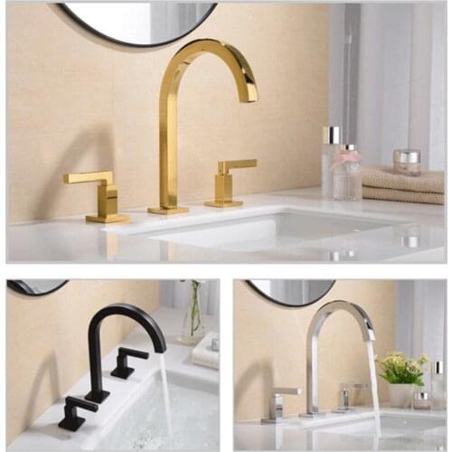 Basin Faucets Brass Polished Gold Deck Mounted Square Bathroom Sink Faucets 3 Hole Double Handle Hot And Cold Water Tap
