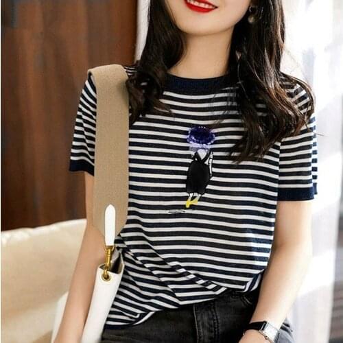 2021 Limited 20741 Non Real Shot Net Red Picture Round Neck Stripe Short Sleeve Knitted T-shirt