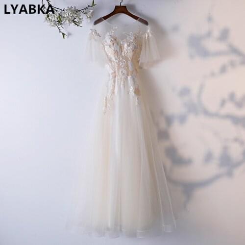 High Quality Half Sleeve Evening Dress New Champagne Tulle With Appliques Scoop Neck Evening Dresses Long 2019 Vestido De Festa