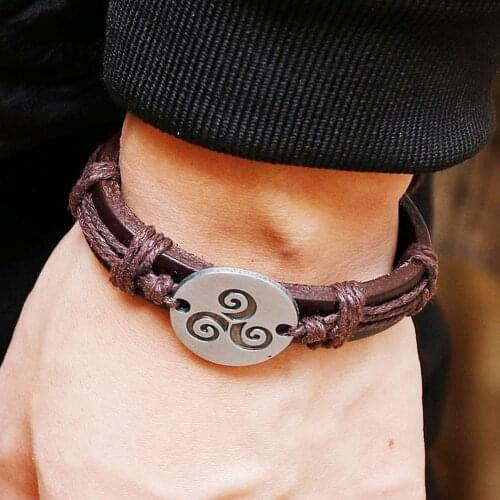 Vintage Bracelets Men Women Spiral Triskele Round Charm Braided Faux Leather Bracelet Birthday Party Gift