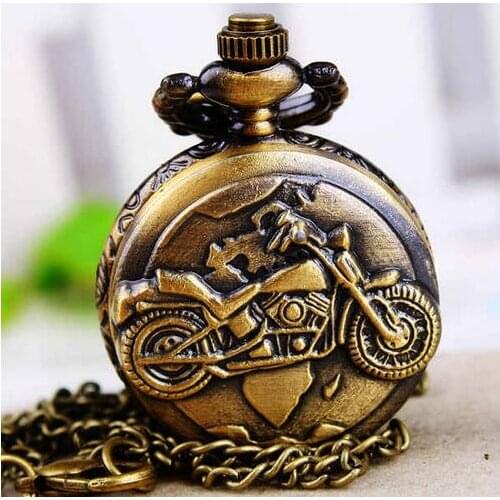 Vintage Bronze mini Motorcycle Motorbike Pocket Watch Retro Necklace Pendant Chain MOTO Quartz Watch