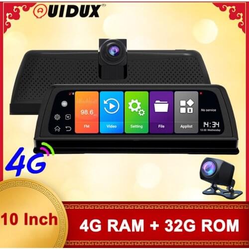 QUIDUX 10'' 4G Android 8.1 Car DVR Mirror WIFI GPS Bluetooth 4GB+32GB ADAS Dash Camera Dual Lens Dashcam Auto Recorder Dashboard
