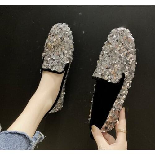 Maogu 2021 Women Flat Glitter Pointed Loafers Casual Pumps Female Slip-On Bling Platform Comfortable Plus Size Loafer Shoes