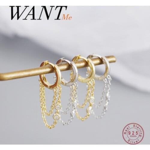 WANTME Genuine 925 Sterling Silver Bohemian Pavé Zircon Cuban Link Chain Tassel Stud Earrings for Women Jewelry Accessories