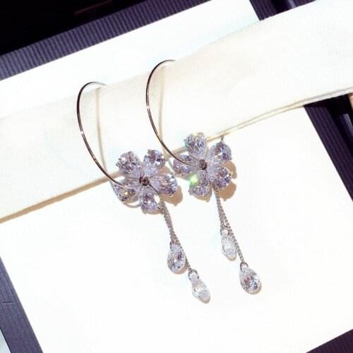 New Woman Drop Earring Big Circle Shiny Rhinestone Flower Long Tassel Dangle Earrings High Quality Fashion Jewelry
