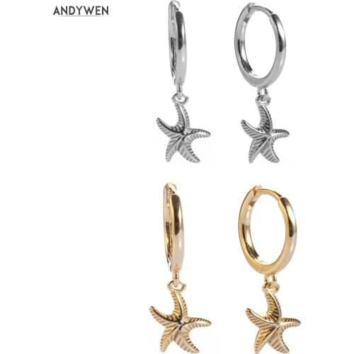 ANDYWEN 925 Sterling Silver Gold Starfish Hoops Earring Huggies Luxury Animal Women Luxury Rock Punk Circle Round Women Jewelry