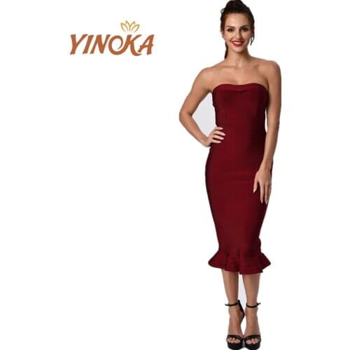 Yinoka off shoulder bandage bodycon sexy dress women wine red mid-calf length strapless white black ruffle celebrity night wear