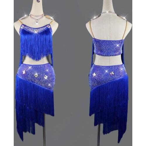 Sexy Latin Dance Dress Women Blue 2pcs Top+Dance Skirt Dance Dress Stage Costume Professional Competition Latin Dresses VDB134