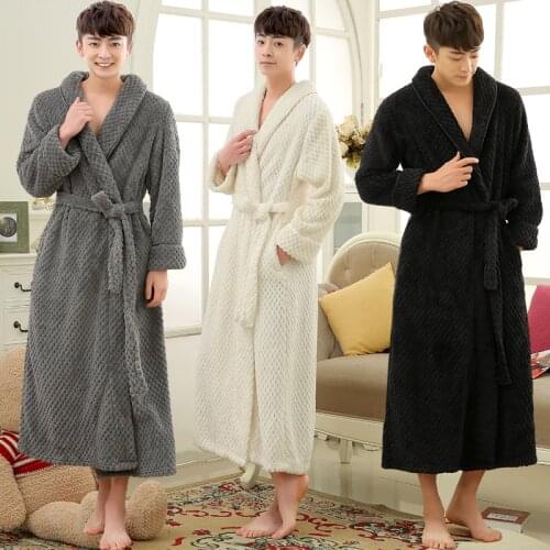 Lovers Winter Long Thick Warm Bathrobe Men Thermal Coral Fleece Kimono Bath Robe Male Classic Dressing Gown Mens Flannel Robes