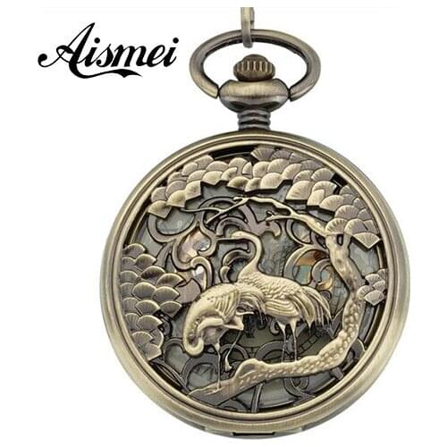 20pcs/lot classic vintage retro Crane hollow Bronze Steel Skeleton Pocket Watch Reloj De Bolsillo Men FOB Watch wholesale