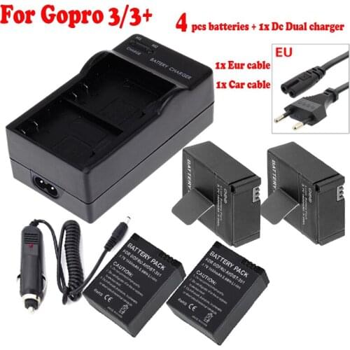 4Pcs for GoPro Hero3 battery AHDBT-301 AHDBT 301 AHDBT-302 bateria + EU cable +Dual charger For GoPro Hero 3/3+ action camera